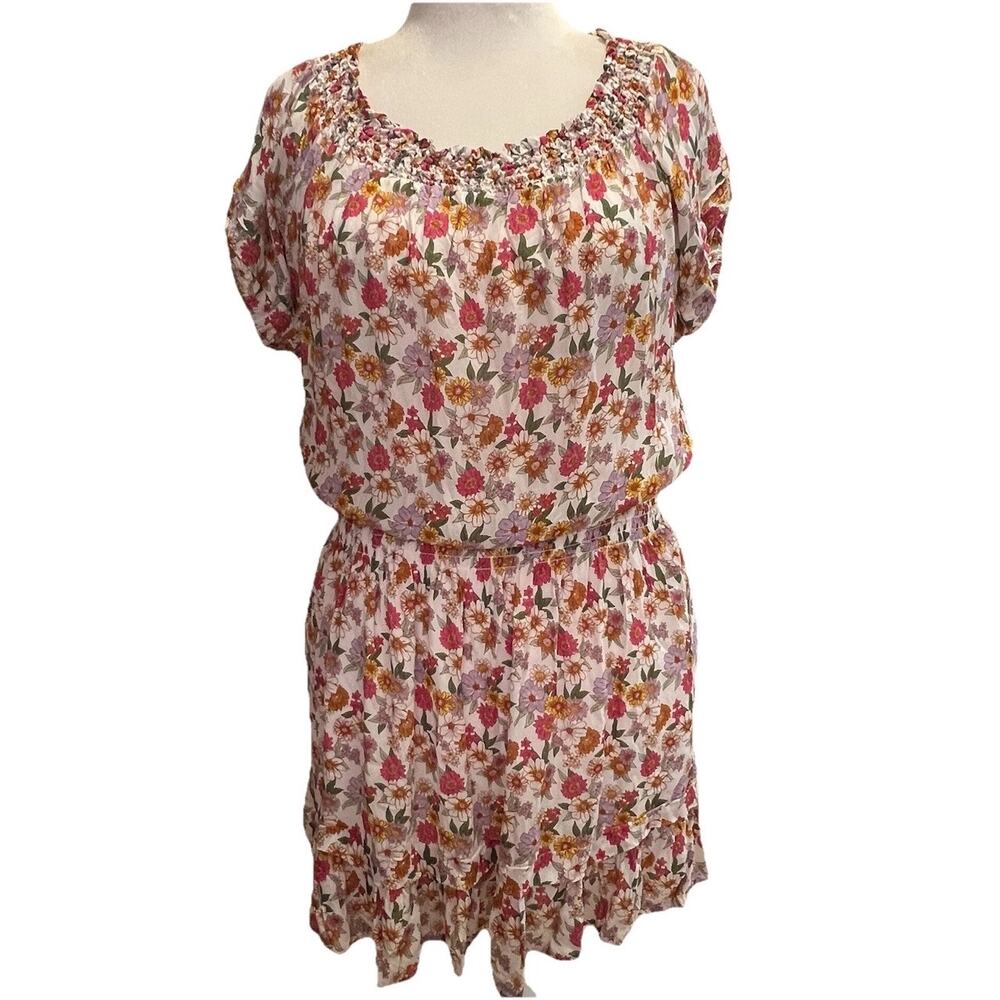 Nicole Miller Collection Mini Dress XL Silk Floral Smocked Drop‎ Waist Y2K